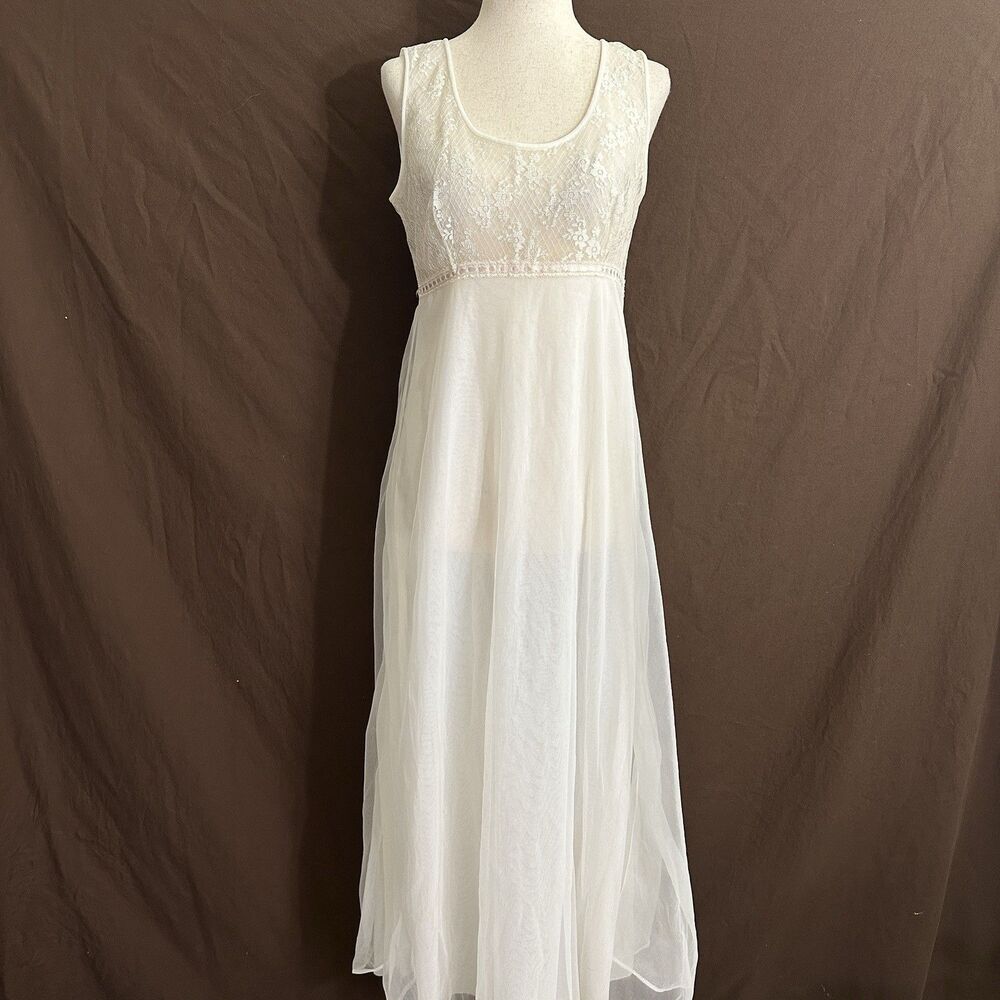 Vintage Radcliffe Nightgown Chemise Nylon Womens Small Off White Sheer Lace